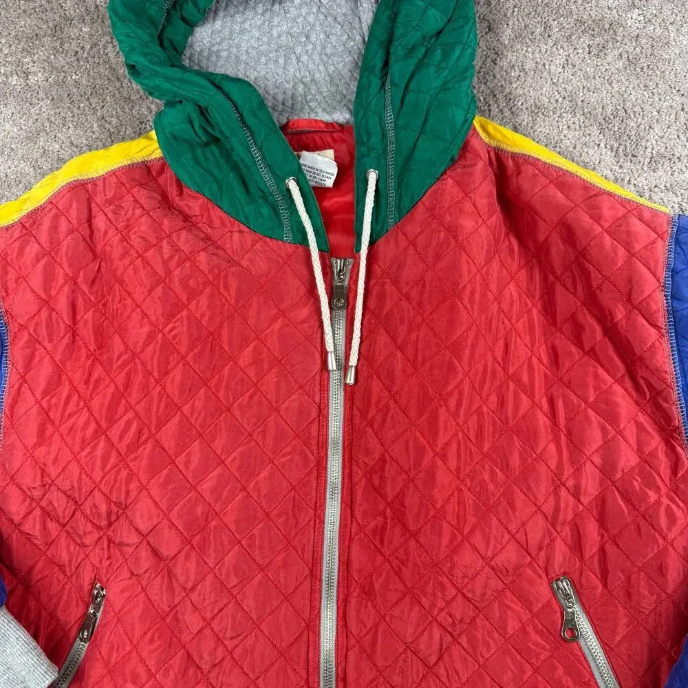 VTG Colorblock Quilted Silk Jacket Hooded Full Zip Size L St Johns Bay Sport